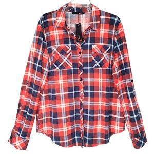 DJT Plaid Button Up Shirt Women's XL Red Blue Roll Tab/Long Sleeve Cowgirl Ranch